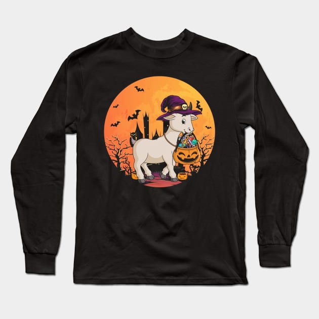 Halloween Goat With Witch Hat Pumpkin Candy Bucket Long Sleeve T-Shirt by Antoniusvermeu